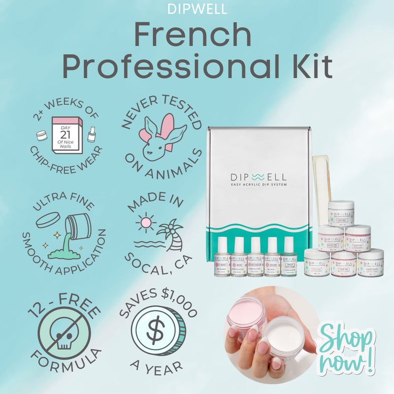DipWell Professional Acrylic Nail Kit - Easy Dip Powder System with Monomer Liquid, Clear Powder, Brush Softener - Perfect for French or Natural Set - Image 2